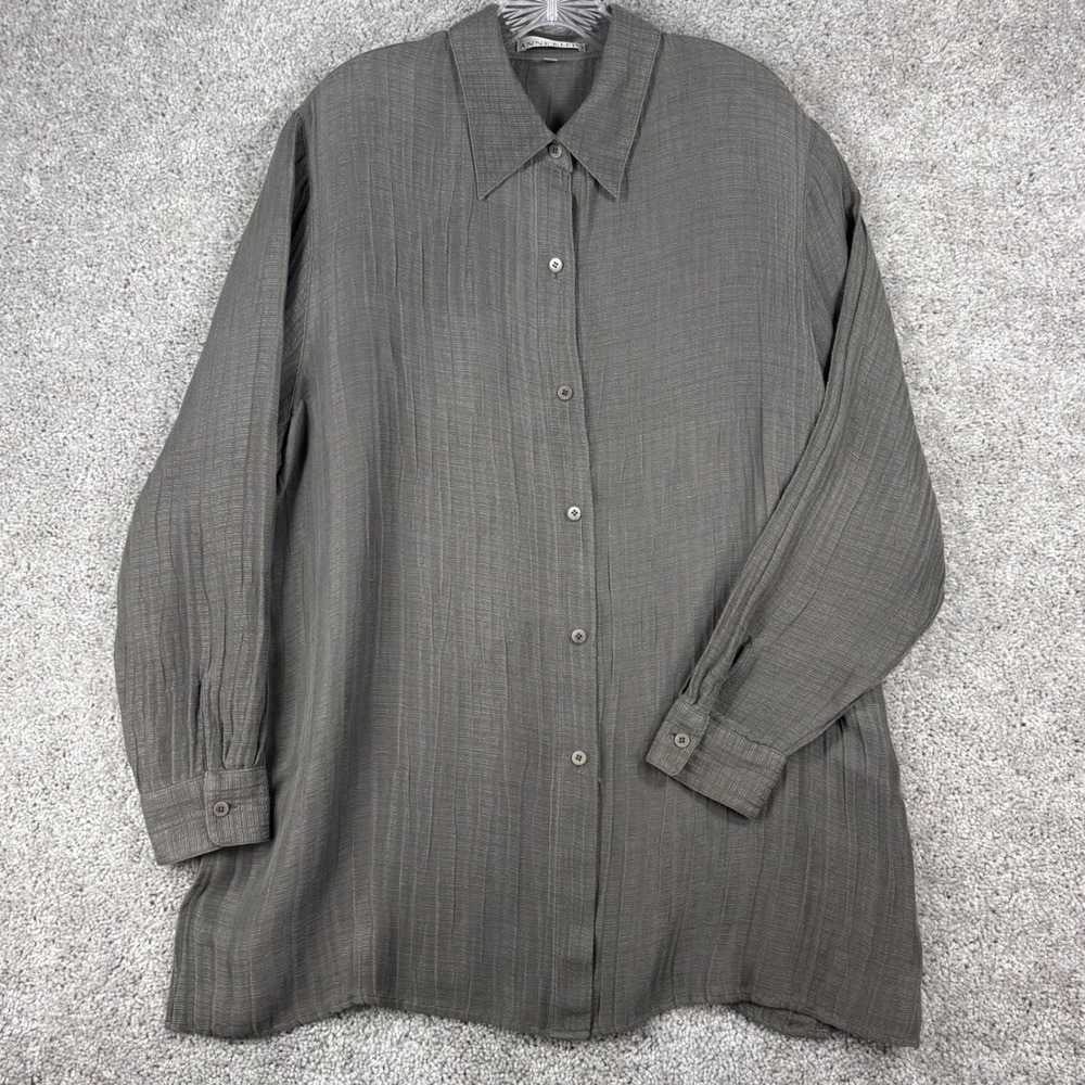 Anne Klein Silk Linen Textured Button Up Shirt Taupe Gray 16W Plus Size Tunic